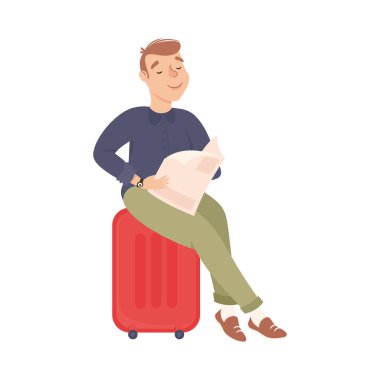 Genç Turist Bavulun Üzerinde Oturarak Uçuşu Bekliyor, Guy Tatile Gidiyor Ya da Yolculuk Çizgi Filmi Vektör Çizimi