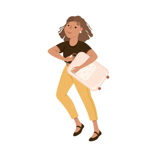 Chica turista corriendo con la maleta, mujer joven que va de vacaciones viaje de dibujos animados Vector ilustración — Archivo Imágenes Vectoriales