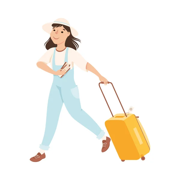 Chica turista que se apresura a volar en el aeropuerto, mujer joven corriendo con la maleta va en vacaciones de verano Dibujos animados Vector Ilustración — Vector de stock