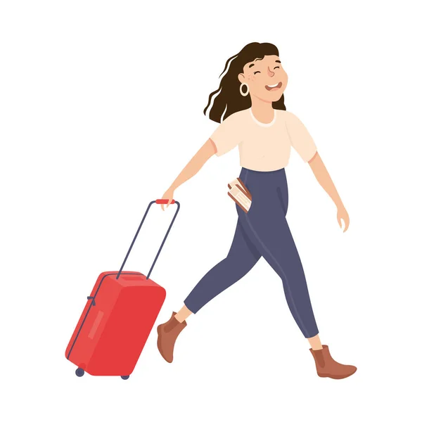 少女赶往机场，年轻女子提着行李，女游客带着暑假卡通画病媒图解 — 图库矢量图片