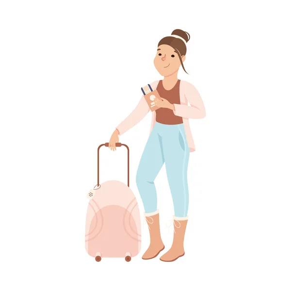 持旅行箱、机票、外出度假或旅游的少女卡通画的年轻女性游客 — 图库矢量图片