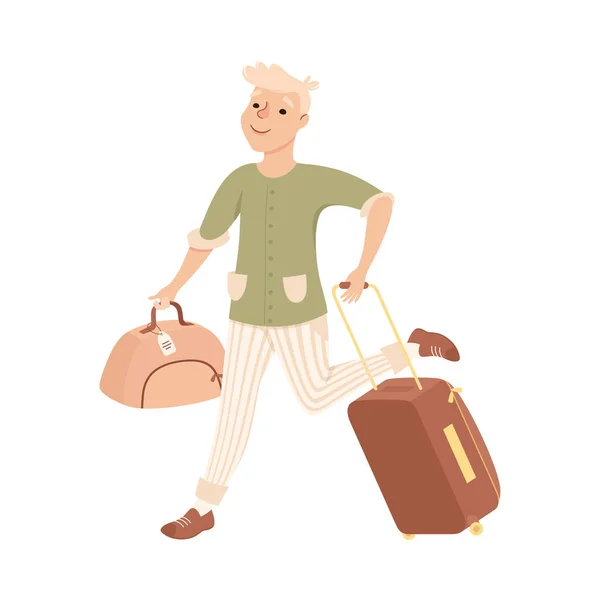 男子提着行李赶往机场，准备放暑假。图上的病媒图解 — 图库矢量图片