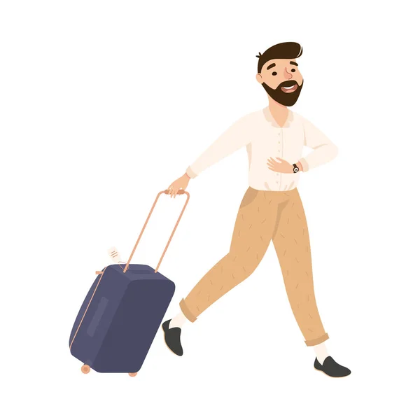 留胡子男子急急飞机场，青年男子旅客携载行李前往暑假卡通画病媒图解 — 图库矢量图片