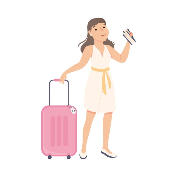 带着手提箱和机票站在那里的女游客，正在放暑假漫画书的女游客 — 图库矢量图片