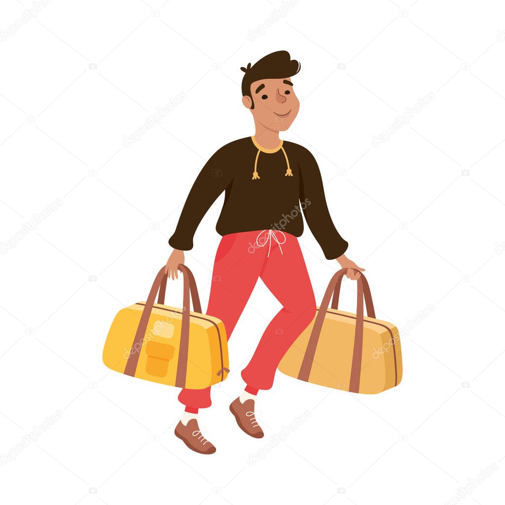 Guy Tourist Running with Bags, Young Man Going on Summer Vacation Trip Cartoon Vector Illustration