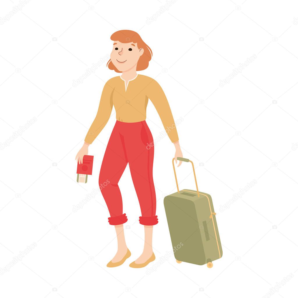 Young Woman Tourist with Suitcase and Plane Tickets Going on Vacation Trip, Journey Cartoon Vector Illustration