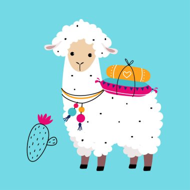Şirin Fluffy Llama ya da Camelid Pack Hayvan Vektörü İllüstrasyonu rolünde Alpaca