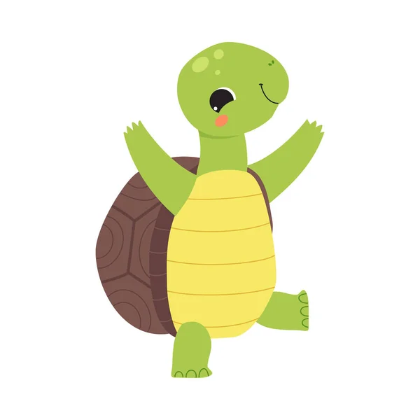 Szczęśliwy zielony żółw Walking i uśmiechnięty wektor Ilustracja — Wektor stockowy