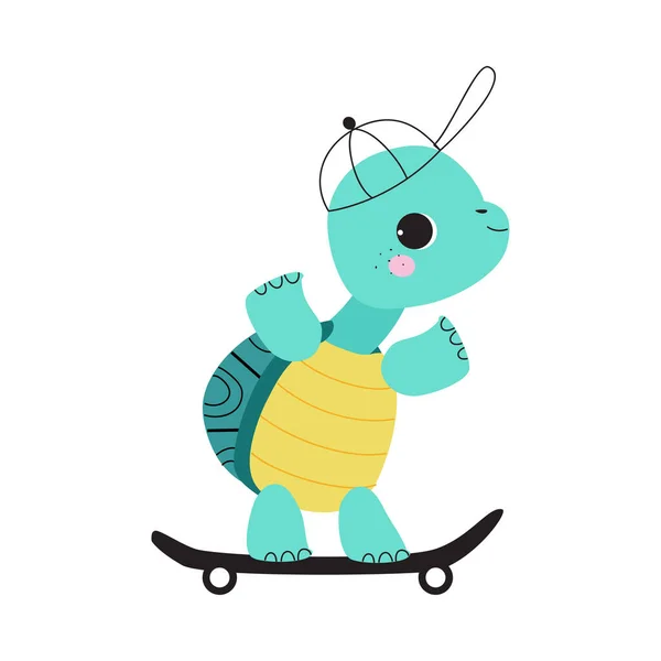 Tartaruga bonito com Shell e pés curtos vestindo boné de beisebol Skateboarding Vector Ilustração — Vetor de Stock