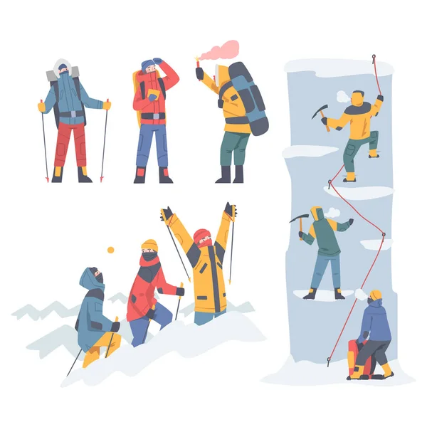 Postacie ludzi z plecakami Wstępujące góry pokryte śniegiem i wektorem lodu Ilustracja zestawu — Wektor stockowy