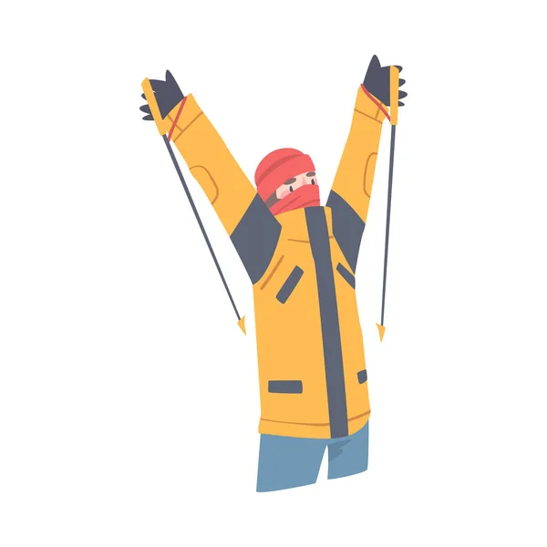 Man Karaktär med Alpenstock Jublar Om Uppstigning Mountain Peak Vector Illustration — Stock vektor