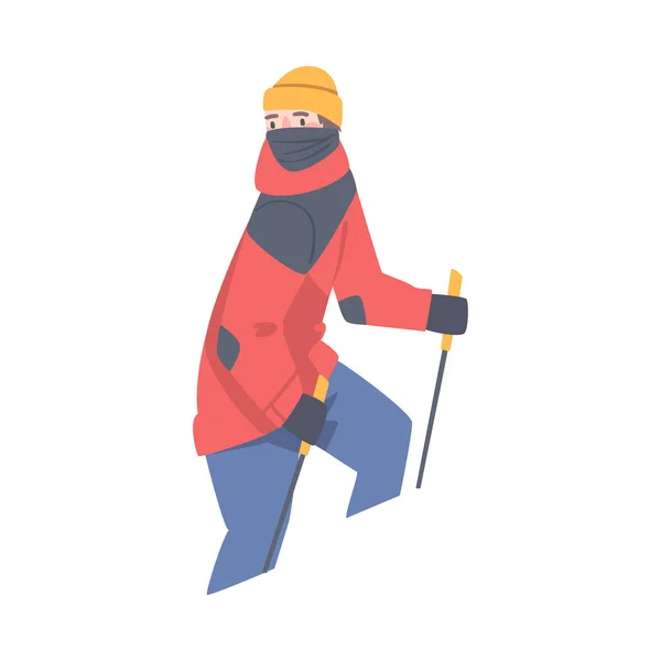 Muž postava s Alpenstock nosit teplé oblečení vzestupné horské vektorové ilustrace — Stockový vektor