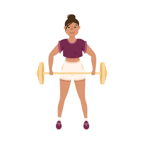 Jeune femme en tenue athlétique au gymnase Levage d'haltères Faire de l'exercice physique et de l'entraînement Illustration vectorielle — Image vectorielle