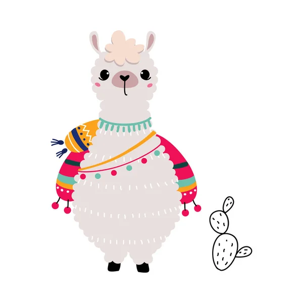 かわいいWolly LlamaまたはAlpacaニットスカーフ立ちベクトルイラストを身に着けている — ストックベクタ