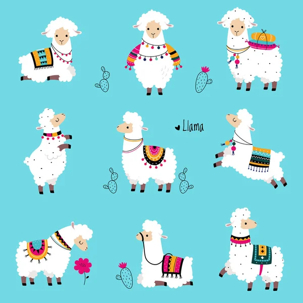 Cute Fluffy Llama or Alpaca Camelid Pack Animal Vector Set — Stock Vector