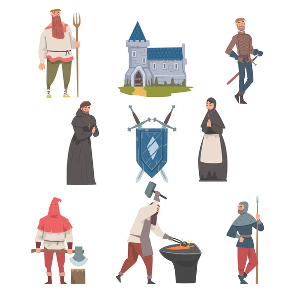 Medioevo con personaggi medievali, stemma e set di illustrazioni vettoriali della fortezza — Vettoriale Stock