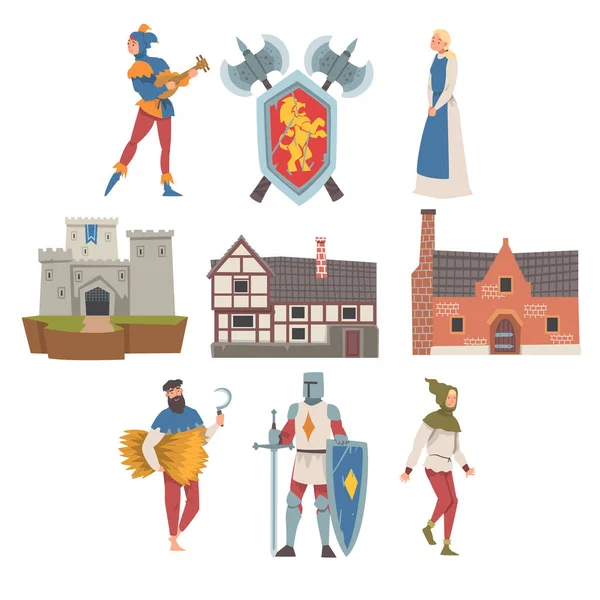 중세 중세 사람들의 성격, 무기의 외투, 그리고 요새의 그림 세트 — 스톡 벡터