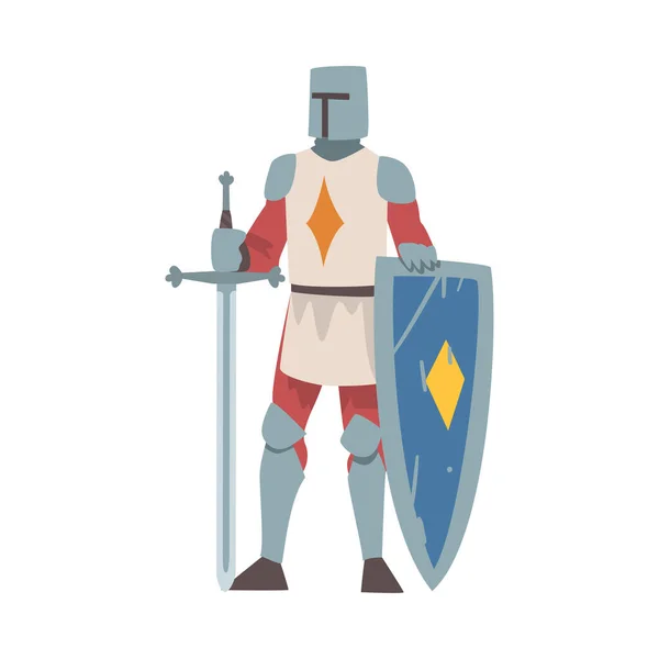 Knight from Middle Ages in Iron Armour Suit Holding Shield and Sharp Sword Vector Illustration — стоковий вектор