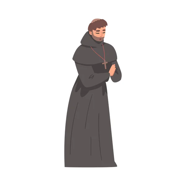 Homem medieval Sacerdote ou Monge vestindo vestido com capuz Orando Vector Ilustração — Vetor de Stock