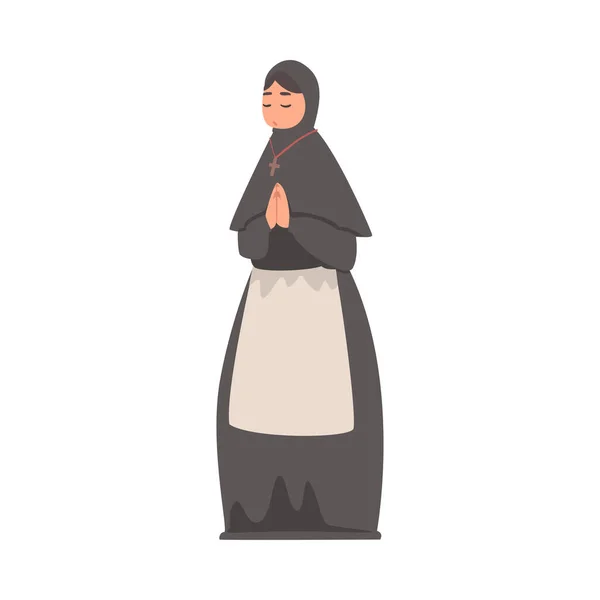 Ortaçağ Kadın Rahibesi veya Vesta Giyen Siyah Elbise Giyen Dua Eden Vektör İllüzyonu Stok Vektör