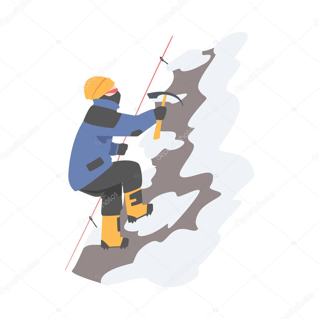 Man Character with Axe Holding Rope Ascending Mountain Vector Illustration