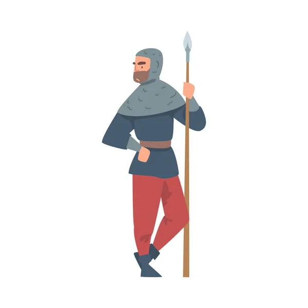 Royal Guardian or Knight in Mail-armor Standing with Sharp Spear Vector Illustration — 스톡 벡터