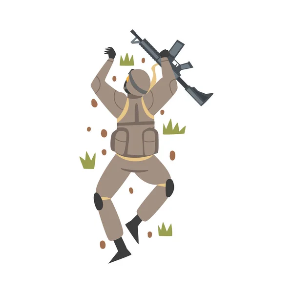 Man als militair Special Armed Force in Uniform and Rifle Bellying on the Ground Vector Illustration — Stockvector