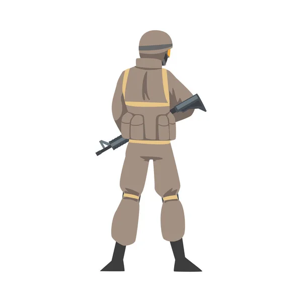 El hombre como militar Fuerza Armada Especial en uniforme y fusil en posición de pie Vector ilustración — Archivo Imágenes Vectoriales