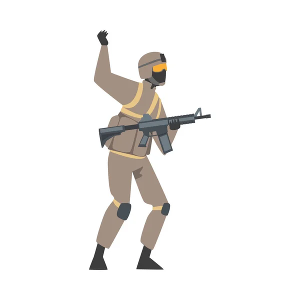 Man as Military Special Armed Force in Uniform and Rifle Waving Hand Vector Ilustracja — Wektor stockowy