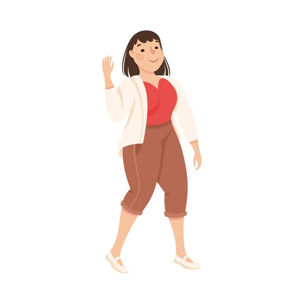 Plus Size Brunette Woman Standing and Waving Hand Vector Illustration — Stock Vector