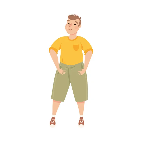 Body Positive or Plus Size Smiling Man in Standing Pose Vector Illustration — Stock Vector