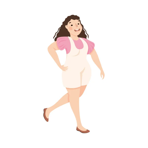 Body Positive or Plus Size Smiling Woman in Walking Pose Vector Illustration — Stock Vector