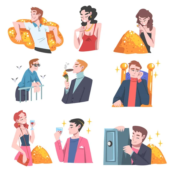 Rich and Wealthy People Characters Having Abundance of Financial Assets Rolling in Cash Vector Illustration Set — Stock Vector