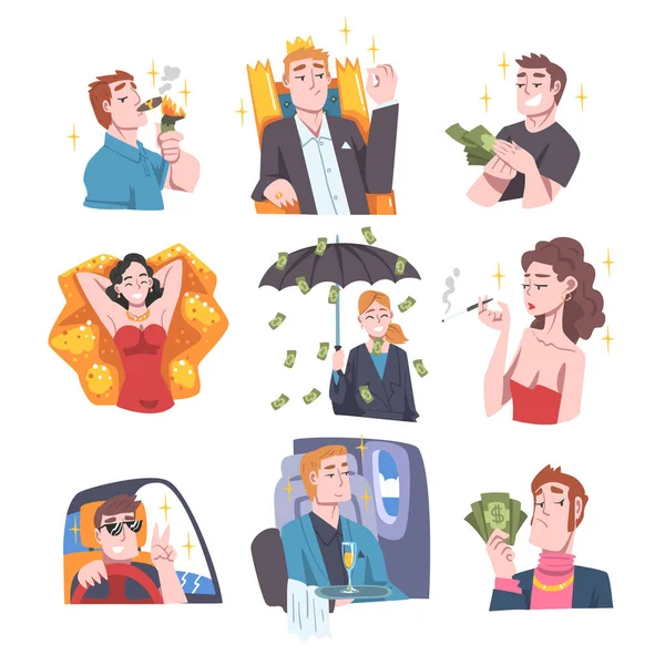 Rich and Wealthy People Characters Having Abundance of Financial Assets Rolling in Cash Vector Illustration Set — Stock Vector