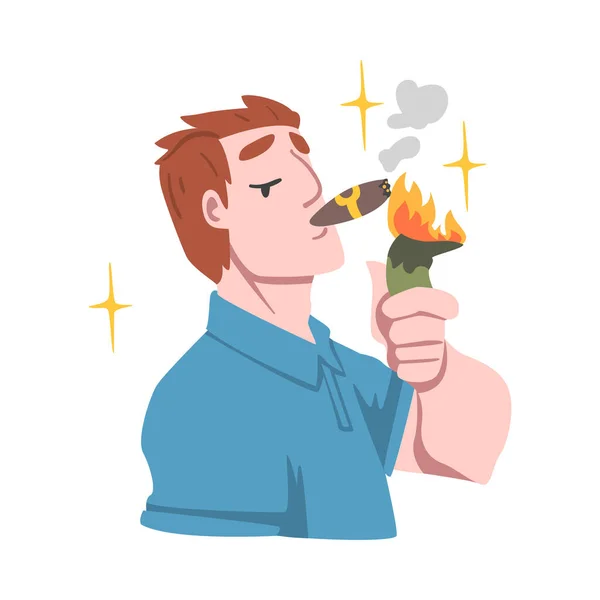 Rich and Wealthy Man Character Lighting Cigar from Dollar Banknote at Half Length Vector Illustration — Stock Vector