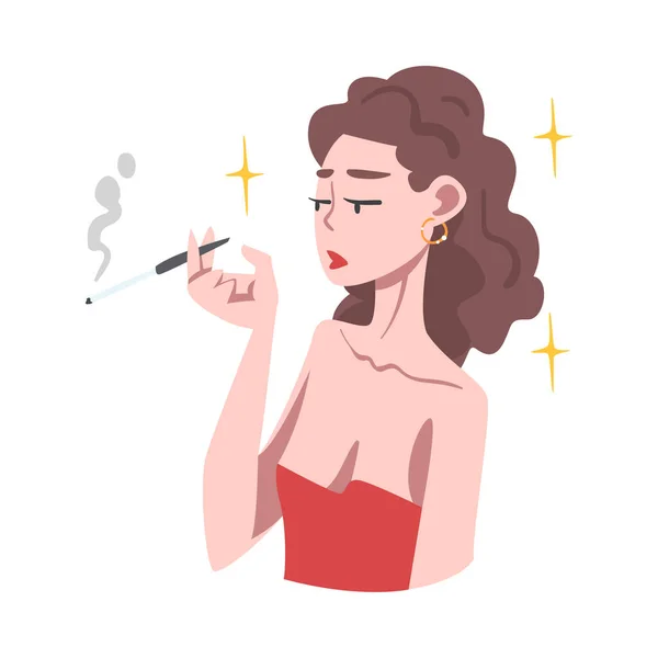 Rich and Wealthy Woman Character Smoking Cigar at Half Length Vector Illustration — Stock Vector