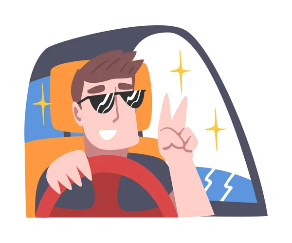 Rich and Wealthy Man Character in Sunglasses Driving Expensive Car and Gesturing Vector Illustration — Stock Vector