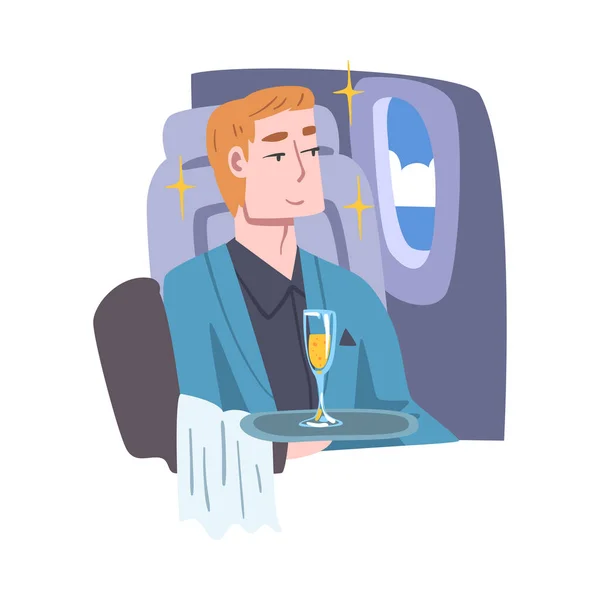 Rich and Wealthy Man Character on the Plane with Glass of Champagne Vector Illustration — Stock Vector