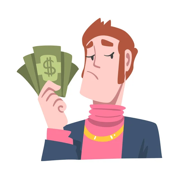 Rich and Wealthy Man Character Holding Dollar Banknote at Half Length Vector Illustration — Stock Vector
