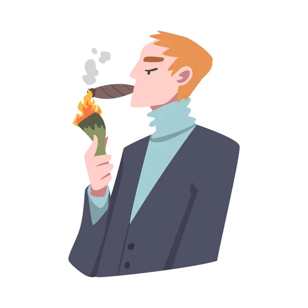Rich and Wealthy Man Character Lighting Cigar from Dollar Banknote at Half Length Vector Illustration — Stock Vector