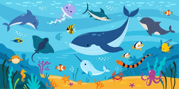 Monde sous-marin avec animaux marins flottants et illustration vectorielle de la flore du fond marin — Image vectorielle