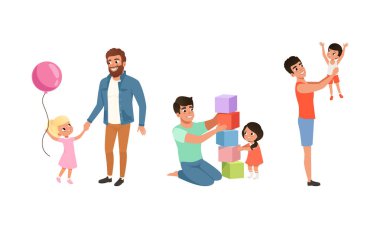 Mutlu Babalık Konsepti, Babalar ve Çocukları Birlikte Eğleniyor, Oğlan ve Kız Baba Çizgi Filmi Vektör İllüstrasyonuyla Oynuyor