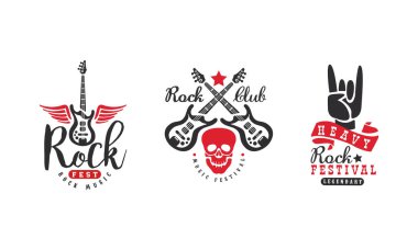Rock Fest Müzik Festivali Logo Şablonları Set, Heavy Rock Club Retro Rozet Resimleri