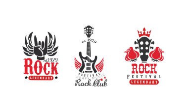 Rock Festivali Logo Şablonları, Efsanevi Ağır Kaya Retro Rozetleri Kırmızı ve Siyah Vektör Resimleri