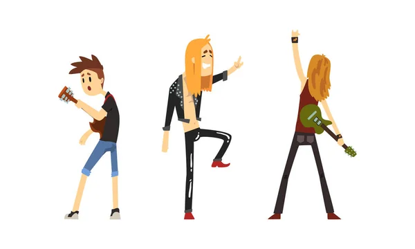 Rock Musicians Set, Rock Stars Characters Playing Guitar and Singing Cartoon Vector Illustration — 스톡 벡터