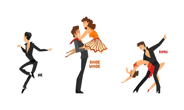 Conjunto de vários estilos de dança, Dançarinos profissionais realizando Rumba, Boogie Woogie, Jive Cartoon Vector Ilustração — Vetor de Stock