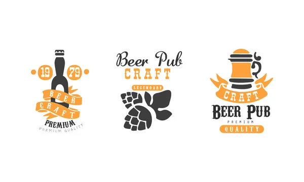 Craft Beer Pub Logo Templates Design Set, Premium Quality Product, Brewing Company, Bar Vintage Labels Vector Illustration — Stock Vector