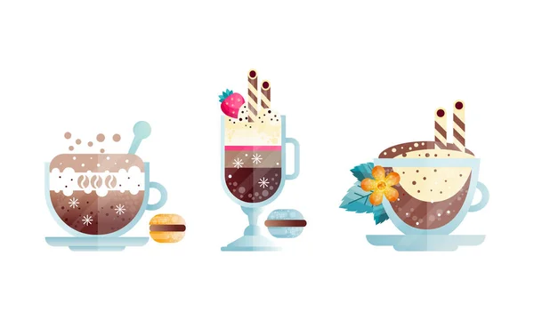 Set di diverse bevande al caffè, tazze di vetro di bevande aromatiche Illustrazione vettoriale piatta — Vettoriale Stock