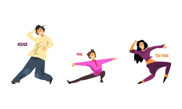 Conjunto de varios estilos de baile, bailarines profesionales que realizan la casa, Folk, Tektonik Cartoon Vector Illustration — Vector de stock
