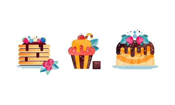 Uppsättning Söta Läckra Desserter, Stack av pannkakor, Tårta, Cupcake Flat Vector Illustration — Stock vektor